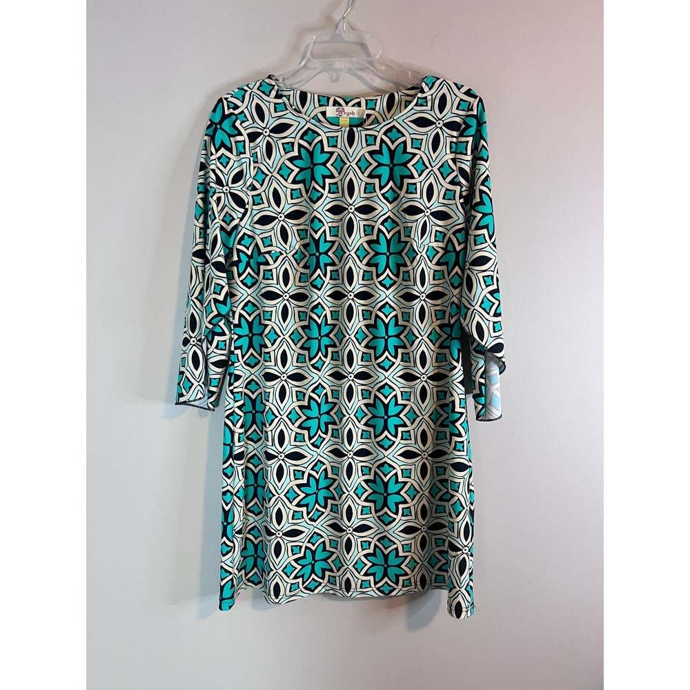 Aryeh Womens Teal Black Geometric Floral Print Split Bell Sleeve Shift Dress L